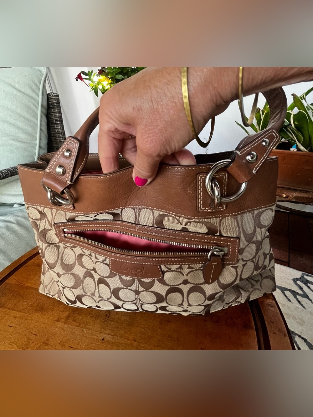 Coach Brown and Cream Signature Canvas Tote with Leather Trim - Picture 2 of 10